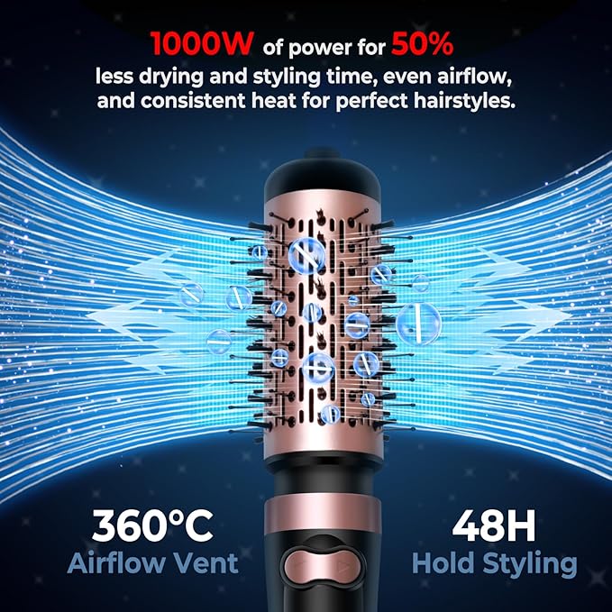 Hair Dryer Brush, 3-in-1 Rotating Round Hot Air Spin Brush Set with 2 Brushes (2" & 1.5"), Negative Ionic Blow Volumizer, 2 Detachable Auto-Rotating Curling Brush 100-120V