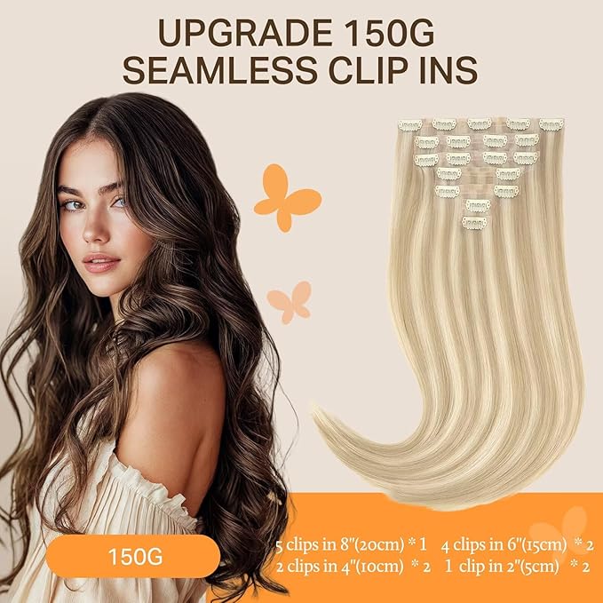 DOORES Human Hair Extensions Seamless Clip in, Dark Blonde Highlighted Bleach Blonde 24 Inch 160g 7pcs, Invisi Edge Hair Extensions Straight Remy Weft
