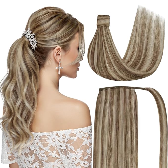 Ve Sunny Hair Extensions Ponytail Real Human Hair Wrap Around Clip in Ponytail Hair Extensions Straight Extensions Human Hair for Women Light Brown Highlights Platinum Blonde 16inch 80G