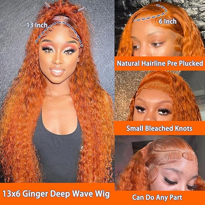 Ginger Wig Human Hair 13x6 Orange Ginger Deep Wave Lace Front Wigs Human Hair 350# Deep Curly HD Lace Front Wigs for Women 210% Density Deep Curly Wig Human Hair Pre Plucked 34Inch