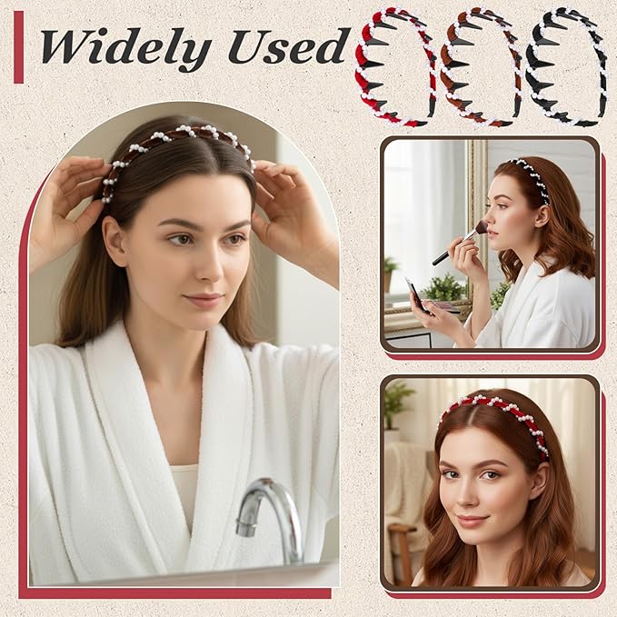 3 Pcs Vintage High Cranium Pearl Hairband Elegant Beaded Pearl Headbands with Teeth Comb Hair Hoop Band Headwear Fashion Braided Head Band Non Slip Hair Comb Hairs Accessories Gift for Women Girls