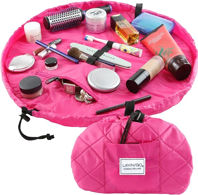 Lay-n-Go Cosmo Layflat Drawstring Cosmetic & Makeup Bag Organizer w/Zipper Pocket, Brush Loops & More, Cinch to Close, Lay Flat to Use, Durable, Machine Wash, Travel Toiletry Bag (22", Pink)