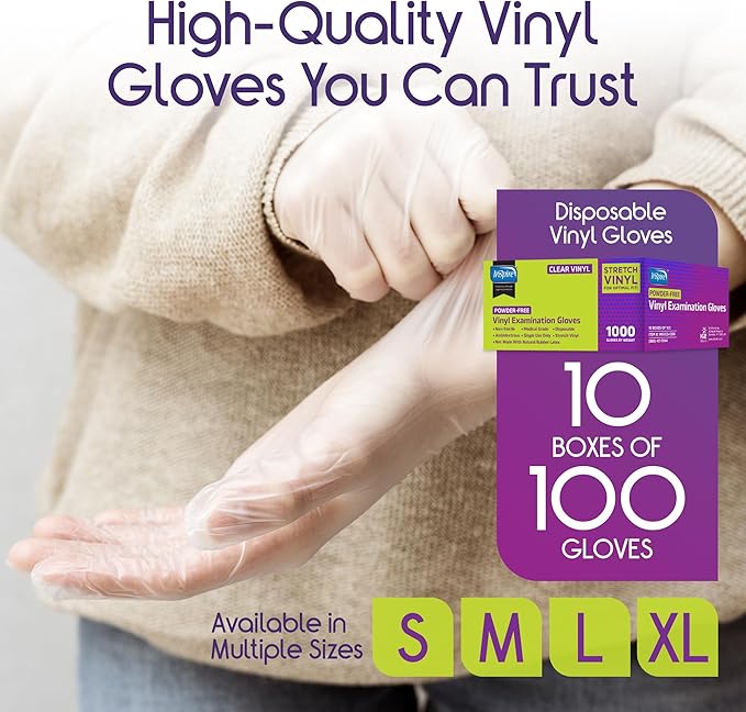 Inspire Exam Medical Clear Vinyl Disposable Gloves - Latex Free for Cleaning, Food Prep