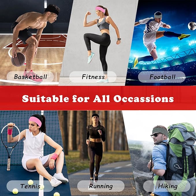 Sweatbands Sports Headbands for Men & Women - 3 Pack Moisture Wicking Cotton Headband for Tennis, Basketball, Running, Gym - Sweat Band