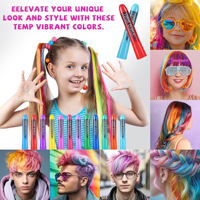 Hair Chalk for Girls Washable, 12-Color Temporary Hair Chalk for Girls Gifts for Dark Hair, Hair Dye Marker Gifts for Teen Girls Kids Age 5 6 7 8 9 10 11 12 13 Years Old for Christmas Birthday