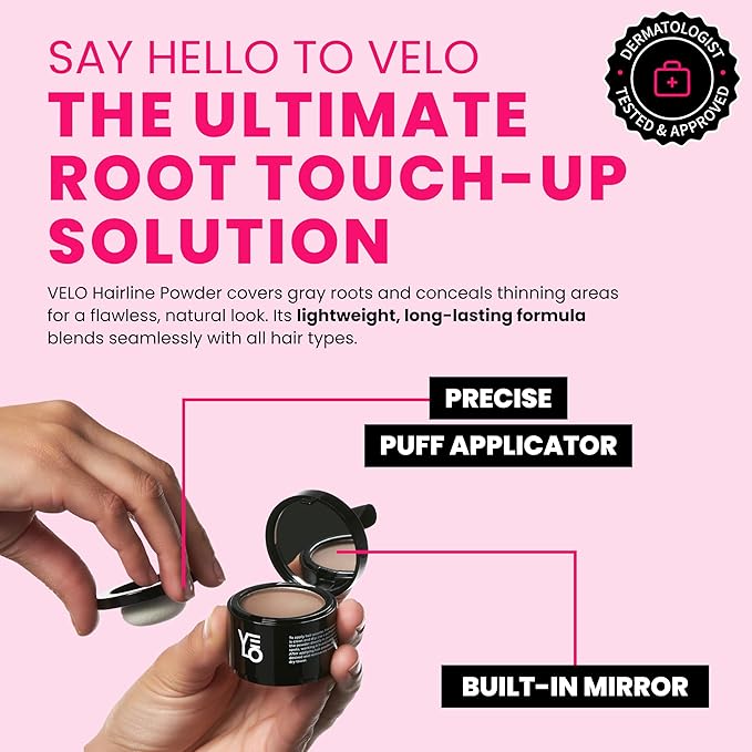VELO Hairline Powder–BROWN Hair Root Touch Up Powder for Women & Men–Instantly Covers Gray Hair, Thinning Hair & Bald Spots–Sweatproof Root Cover Up–Puff & Mirror Compact, 13 Shades