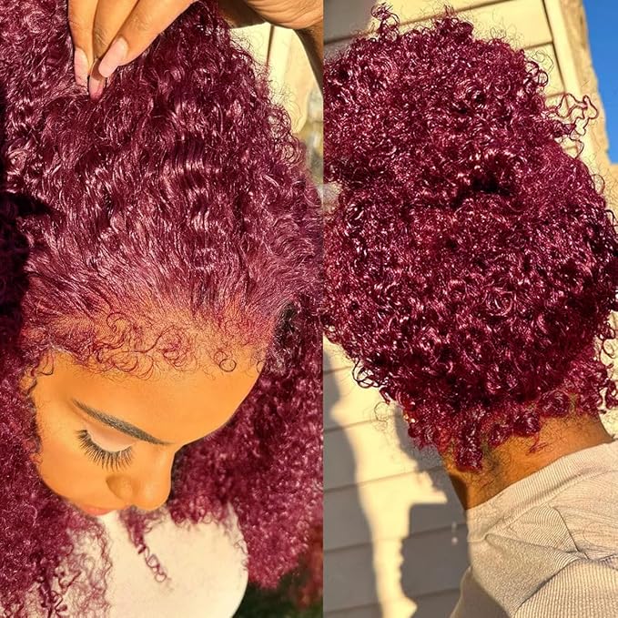 Burgundy Wig Human Hair Hidden Strap 99j Burgundy 360 Full Lace Front Wigs Human Hair Invisible Strap Pre Plucked Bleached Konts Deep Wave Lace Frontal Wig with Drawstring Curly Glueless Wigs(20inch)