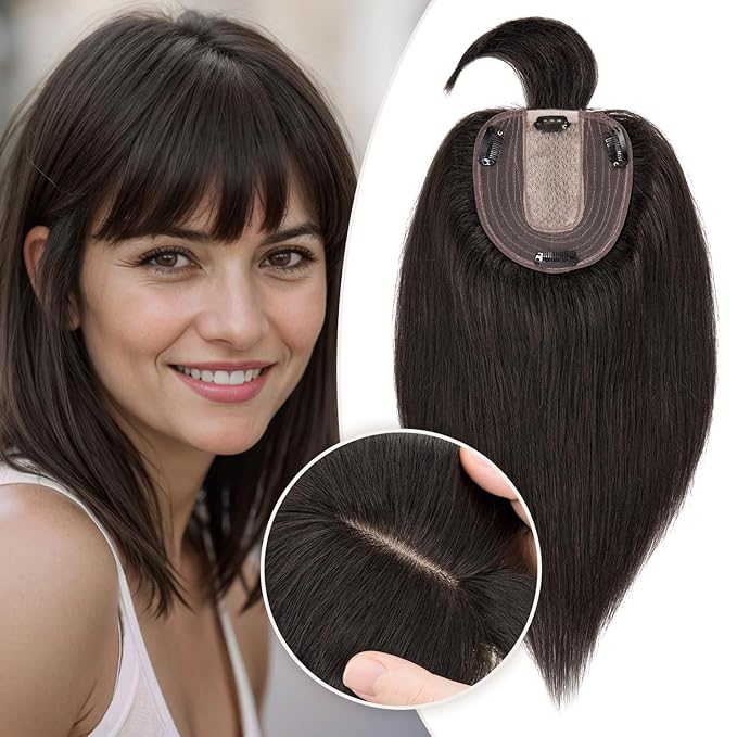 Rich Choices Real Human Hair Toppers for Women With Bang 100% Remy Human Hair Topper for Thinning Hair Clip in Silk Base Hair Topper 6 Inch #1B Natural Black