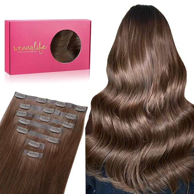 WENNALIFE Seamless Clip In Hair Extensions, 14 Inch 130g 7pcs Chocolate Brown Hair Extensions Clip in Human Hair Invisible PU Skin Weft Natural Remy Human Hair Extensions