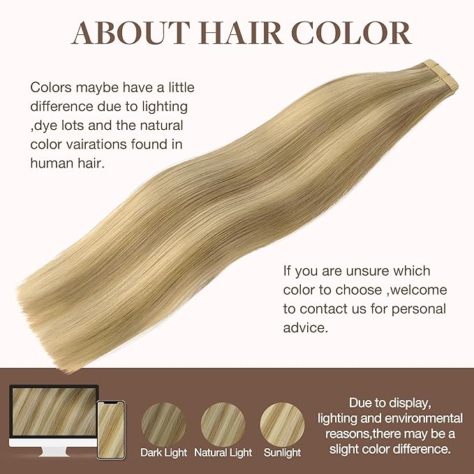 GOO GOO Tape in Hair Extensions Human Hair, 16/22 Light Blonde Highlighted Golden Blonde, 16inch 50g 20pcs, Skin Weft Seamless Invisible, Silky Straight with Thick Ends, Remy Human Hair