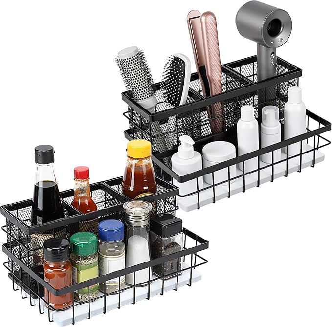 2 Pcs Hair Tool Organizer Countertop Breathable Metal & Bamboo Hot Tools Organizer Under Sink Bathroom Hair Dryer Holder Countertop Brush Comb Holder,makeup tray (White Bamboo,Black)