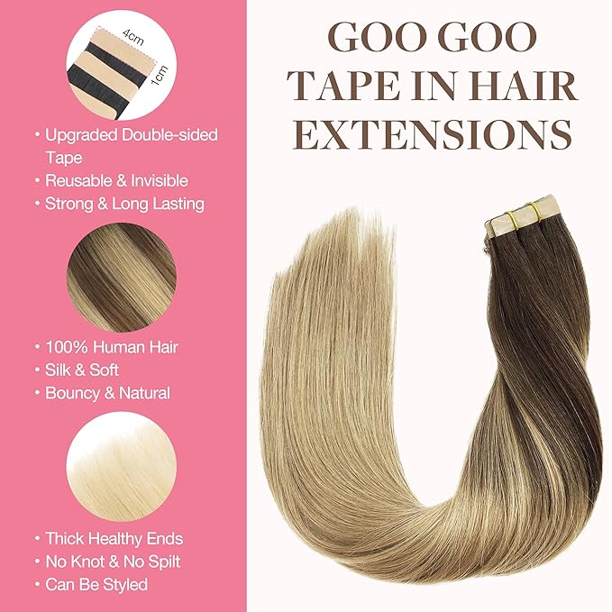 GOO GOO Tape in Hair Extensions Human Hair, 4/18 Balayage Chocolate Brown Highlighted Dirty Blonde, 22inch 100g 40pcs, Skin Weft Seamless Invisible, Silky Straight with Thick Ends, Remy Human Hair