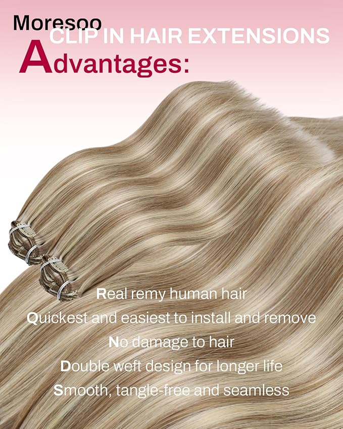 Moresoo Clip in Hair Extensions Blonde Highlight Straight Real Hair Extensions Clip in Human Hair Light Brown with Blonde for Party Women Full Head 7pcs 120g 18inch