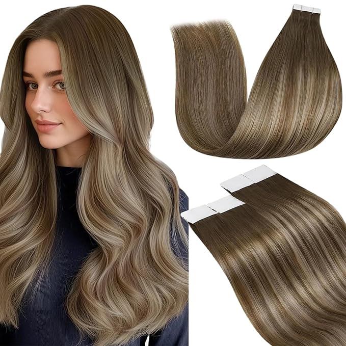 LaaVoo Tape in Hair Extensions Human Hair Balayage Light Brown to Ash Brown Hair Extensions Tape in Real Human Hair Tape on Hair Extension for Women 12 inch 30g 20pcs
