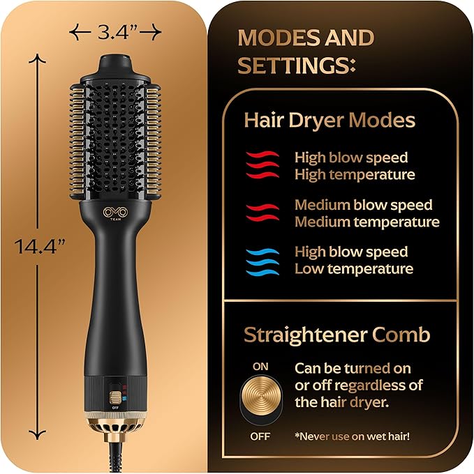 Blowout Brush Hair Dryer, 4-in-1 Blow Drying Brush, Authomatic Dual Voltage, Ionic Hair Straightener w/No Heat Damage, Light 1.3 lb Blowout Tool, Blow Dryer Curling Wand, Hot Air Styler for All Types