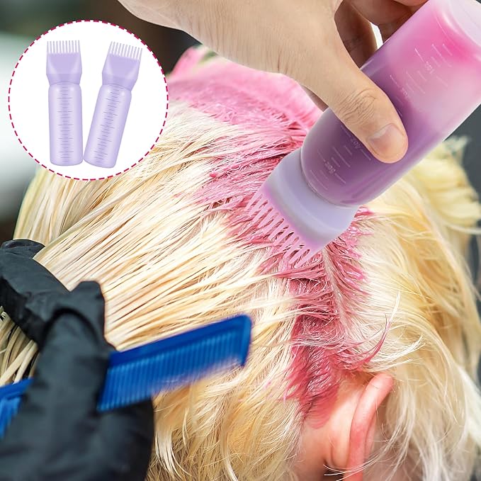 4Pcs Root Comb Applicator Bottle, 6 Ounce Hair Dye Bottles with Comb and Graduated Scale Plastic Hair Oil Brush for Hair Care and Color, Purple
