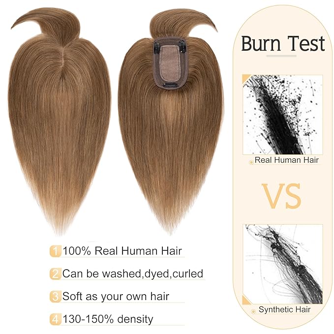 SEGO Hair Toppers for Women Real Human Hair With Bangs, 7 * 13CM Silk Base 100% Remy Human Hair Clip in Top Wiglet Hairpieces Add Volume -8 Inch Light Brown