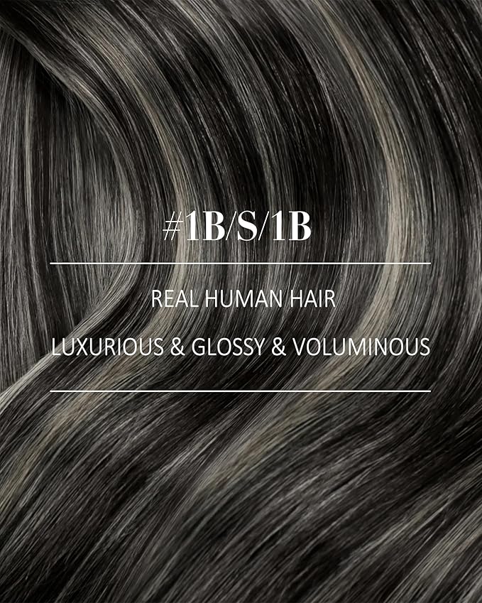 YoungSee Balayage Clip in Hair Extensions Black Silver Clip in Human Hair Extensions Ombre Black Mix Silver Clip in Hair Extensions Real Human Hair for Women 24inch 7Pcs 120G