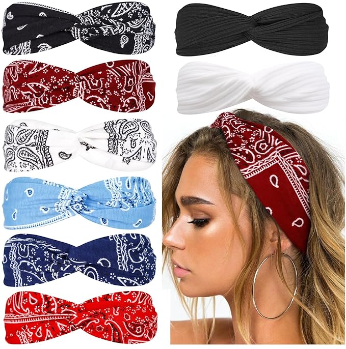 Huachi Bandana Headbands for Women Boho Twist Head Wraps, Elastic Hair Bandana Headband Summer Hair Accessories