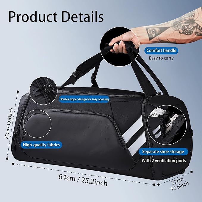 Gym Bag for Men and Women, 58L Large Travel Bag with Shoes Compartment and Wet Pocket,Sports Bag for Training,Sauna,Fitness, Swimming, Sports, Traveling