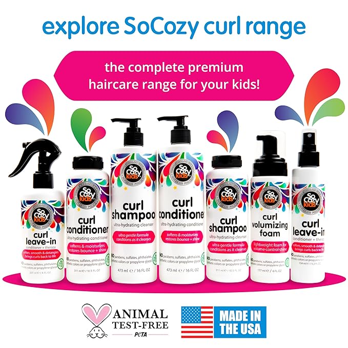 SoCozy Leave In Conditioner Spray (5.2 Fl Oz) Paraben-Free Detangler for Kids' Curly Hair, Deep Conditioner & Tangle-Free Curls, Gentle & Nourishing with Keratin, Vitamin B5, Olive Oil & Jojoba Oil