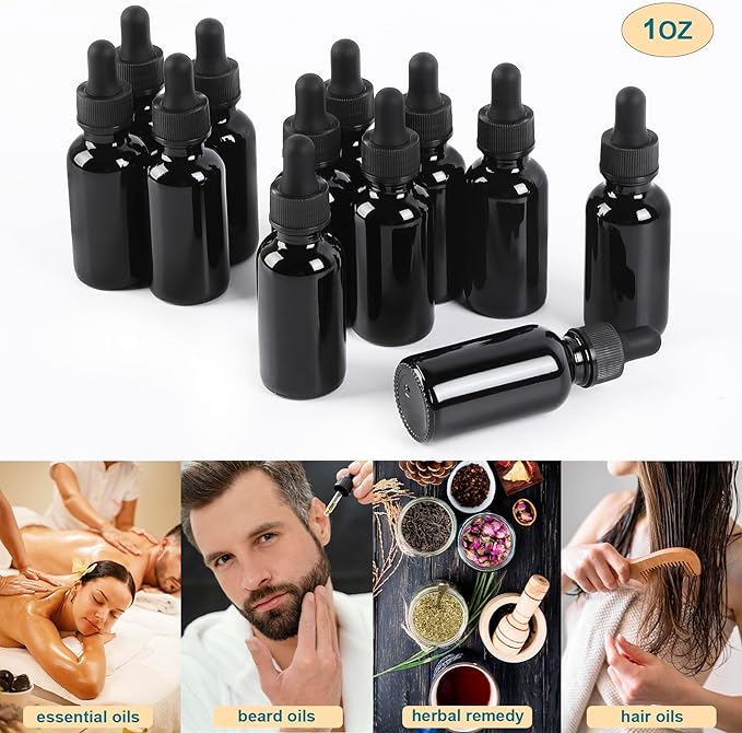 24 Pack,1oz Glass Dropper Bottle,Black Tincture Bottles with Dropper,Pretty Finish for All Kinds of Liquids,Oil Bottles for Hair- Stronger Suction ideal for Leakproof Travel