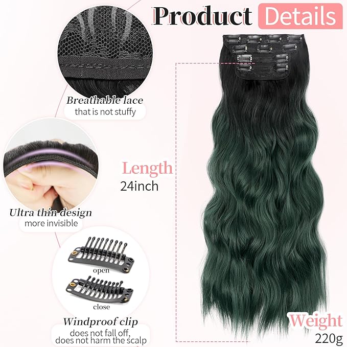 KooKaStyle Clip in Synthetic Hair Extensions Long Wavy 4PCS Thick HairpiecesBlack to Green Ombre Fiber Double Weft Natural Hair Extensions 24 Inch for Women