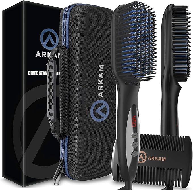 Arkam Beard Straightener for Men -Premium Heated Beard Brush Kit w/Anti-Scald Feature, Dual Action Hair Comb and Hard Shell Travel Case for Medium to Long Beards - Costume and Grooming Gifts for Men