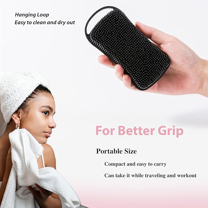 2 PC Silicone Body Scrubber, 2 in 1 Exfoliating Shower Bath Scrubber, Soft Silicone Loofah for Sensitive Skin, Shower Hair Scalp Massager, Easy to Clean, Lather Well (Black&Pink)