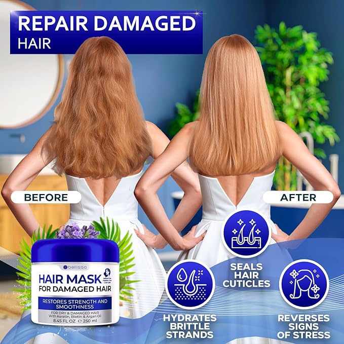 BELLISSO Hair Mask for Damaged Hair - Deep Conditioning and Moisturizing Repair Treatment for Dry Split Ends and Breakage - Hydrating Moisturizer Products for Women and Men - 8.45 Fl Oz