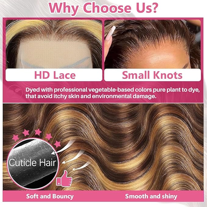 24 Inch 13x6 Lace Front Wigs Human Hair 200 Density P4/27 Highlight Ombre Body Wave HD Lace Front Wigs Human Hair Pre Plucked