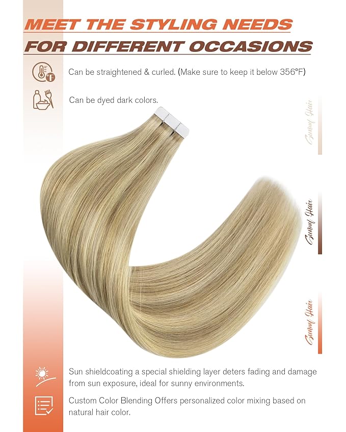 Sunny Hair Tape in Hair Extensions Real Human Hair Invisible Remy Hair Extensions Tape ins for Women Golden Blonde Highlight Medium Blonde 20 inch 20Pcs 50G