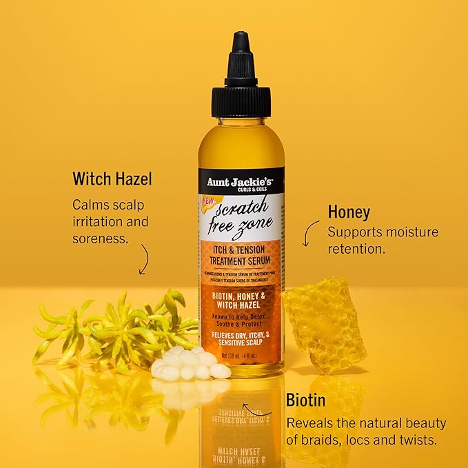 Aunt Jackie's Braid + Twist Collection Scratch Free Zone Itch & Tension Treatment Serum – Relieve Dry, Itchy Scalp with Witch Hazel, Biotin, and Honey – 4 fl oz