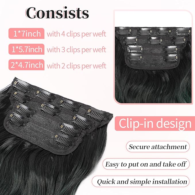 KooKaStyle Clip in Synthetic Hair Extensions Long Wavy 4PCS Thick HairpiecesBlack to Green Ombre Fiber Double Weft Natural Hair Extensions 24 Inch for Women
