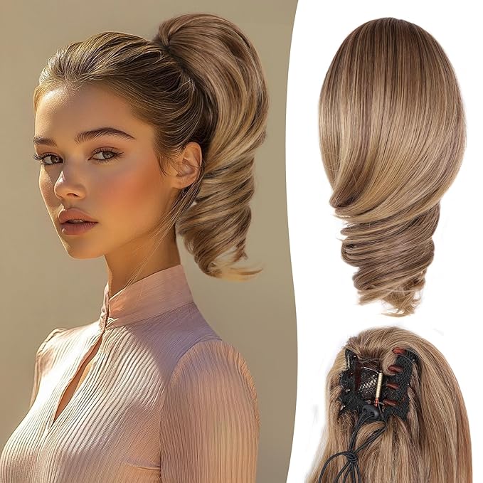Claw Clip Ponytail Extension - 12 Inch Curly Ponytail Extension, Wavy Pony Tails Hair Extensions, Synthetic Hair Extensions Ponytail, Clip On Ponytails for Women (Dark Ash Blonde With Golden Ends)