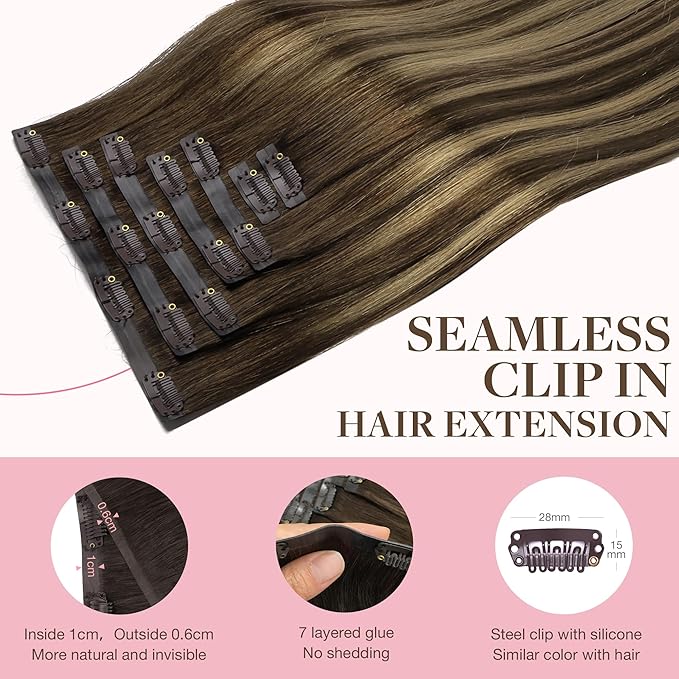 GOO GOO Clip in Hair Extensions Real Human Hair, Remy Human Hair Extensions Clip ins for Women, Natural Human Hair, 24inch 120g 7Pcs, 4/27/4 Balayage Chocolate Brown to Caramel Blonde