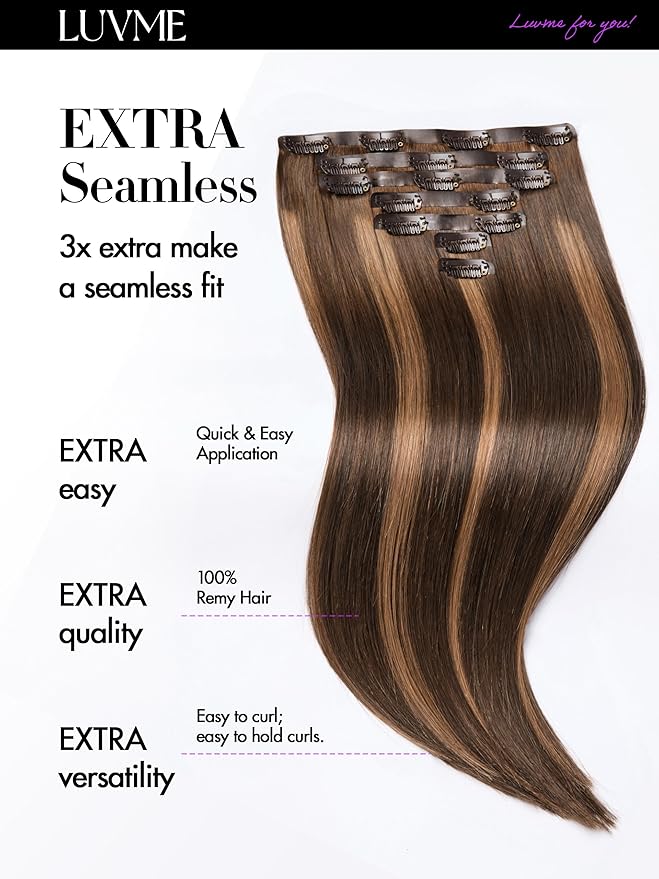 LUVME Straight Seamless 110g 7Pcs Clip in Hair Extensions Full Max with 22inch Remy Human Hair Extensions, Highlight Color 100% Real Soft