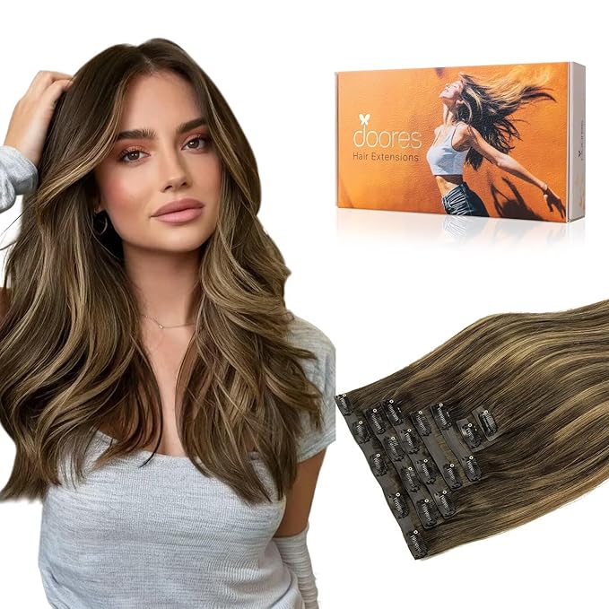 DOORES Seamless Clip in Hair Extensions, Chocolate Brown to Caramel Blonde 16 Inch 110g 7pcs, Seamless Human Hair Extensions Invisible Edge Hair Extensions Straight Hair Skin Weft