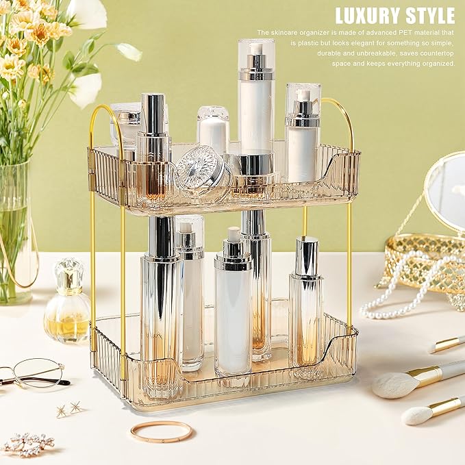 Bathroom Counter Organizer Countertop Storage Skincare Countertop Makeup Organizer Cosmetics Skincare Organizers Holder for Perfume-Amber-golden pole
