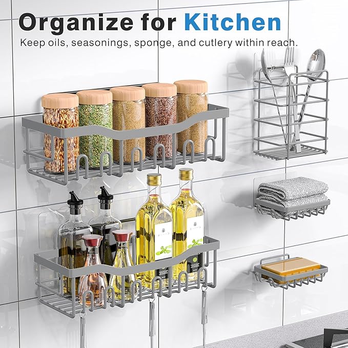 EUDELE 5-Pack Rustproof Stainless Steel Shower Caddy – No Drill Adhesive Bathroom Organizer with Large Capacity, Spacious Shower Shelves for Inside Shower, Kitchen & Home Decor Storage-XL Size