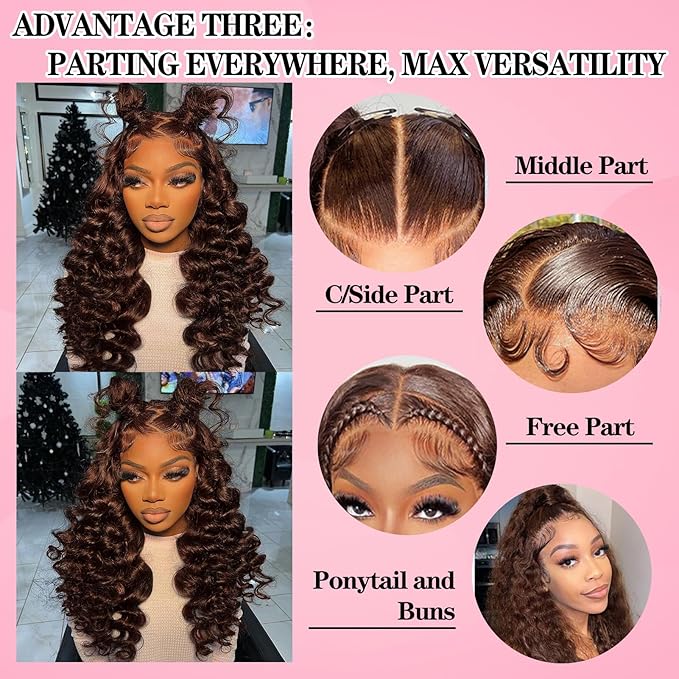 Chocolate Brown 250% Density HD Lace Front Wigs Human Hair Loose Wave 100% Real Human Hair 15A Full 13x4 Large Lace Space Loose Deep Wave Wig, Breathable No Tangle No Shedding Triple Lifespan 3X