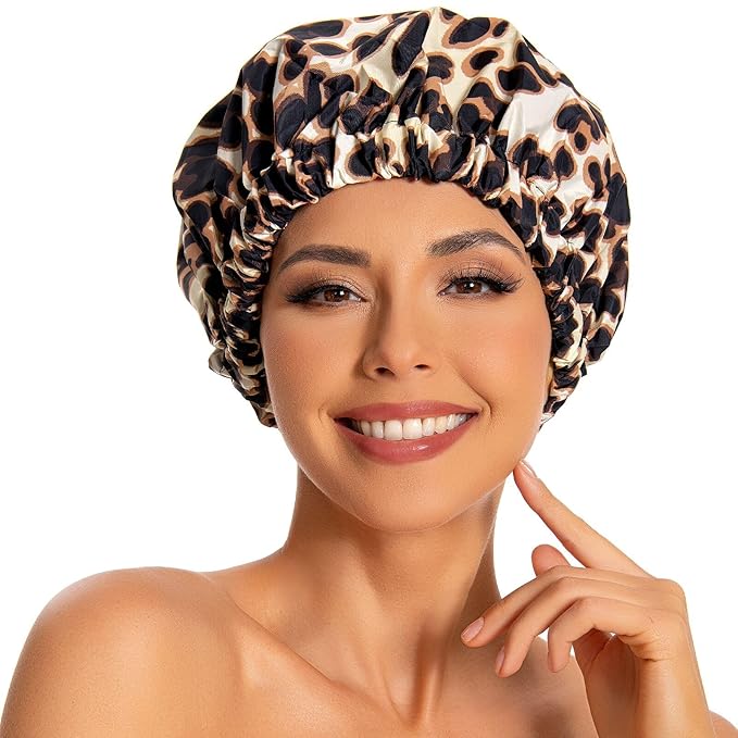 Reusable Shower Cap for Women, Large Waterproof Shower Essentials Bonnet Washable Elastic Band Bath Hair Wrap Hat for Long Hair, Braids(Leopard)