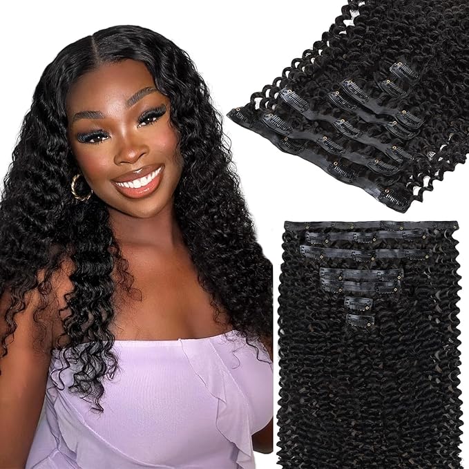 Lashey Kinky Curly Clip in Hair Extensions 110g 7pcs 18 Inch Natural Black Seamless Clip ins Hair Extensions Real Human Hair Soft Invisible Clip ins for Black Women