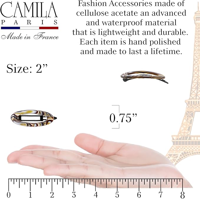 Camila Paris CP3367 French Hair Barrette Clip for Women, Handmade, Onyx, Side Slide-in Metal-Free Closure Strong Hold Grip Hair Clips for Girls, No Slip Durable Hair Accessories, Made in France
