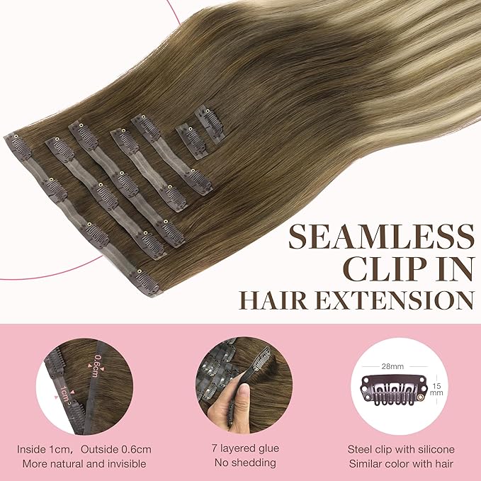 GOO GOO Clip in Hair Extensions Real Human Hair, Remy Human Hair Extensions Clip ins for Women, Natural Human Hair, 22inch 150g 7Pcs, 3/8/613 Balayage Walnut Brown to Ash Brown and Bleach Blonde