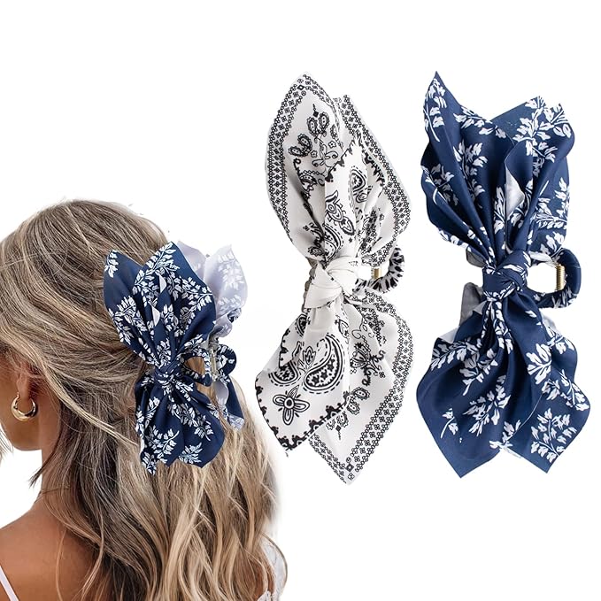 Bow Claw Clips Bow Hair Clips Blue White 2PCS Big Hair Bows for Women Butterfly Styling Large Hair Clips for Thick Hair for Girls Hair Accessories for Teen
