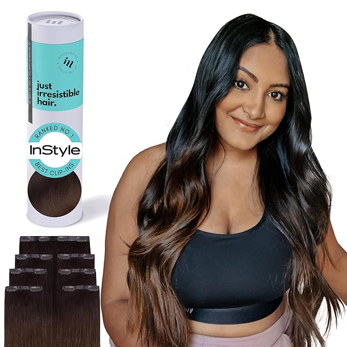 Irresistible Me Real Human Hair Extensions Clip Ins – 100% Human Hair Clip In Extensions for Length & Volume – Invisible Extension – Heat Resistant & Dyeable – Dimensional Brown, 24 Inches