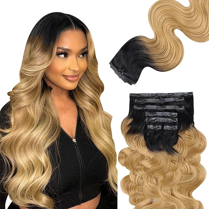 Lashey Seamless Clip in Hair Extensions Human Hair Body Wave 24 Inch Clip ins 110g 7pcs Ombre Natural Black to Honey Blonde Human Hair Extensions for Women