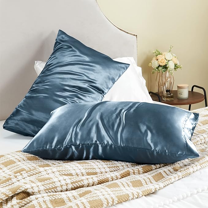 BEDELITE Satin Pillowcase for Hair and Skin, Super Soft and Cooling Similar to Silk Pillow Cases 2 Pack with Envelope Closure, Gift for Women Men(20"x40" King Size, Bluesteel)