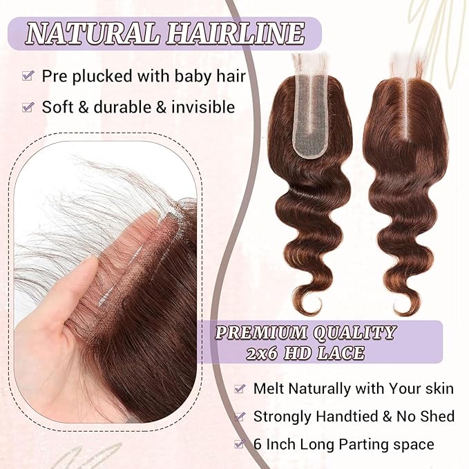 2x6 HD Lace Closure Human Hair Body Wave 4# Chocolate Brown Color Transparent Lace Closure 2x6 Long Deep Middle Part 100% Raw Virgin Human Hair 14 Inch 150% Density